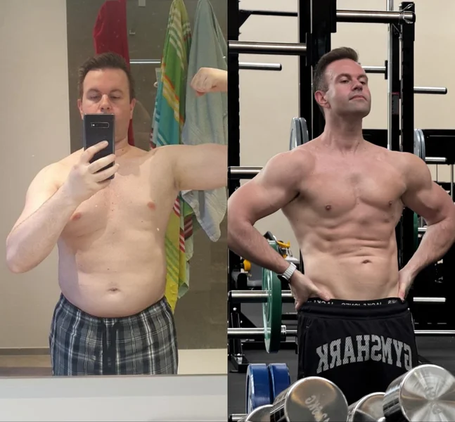 Voor- en nafoto van Nick: Van 92 naar 74,5 kg, in twee fasen met een reverse diet ertussen
