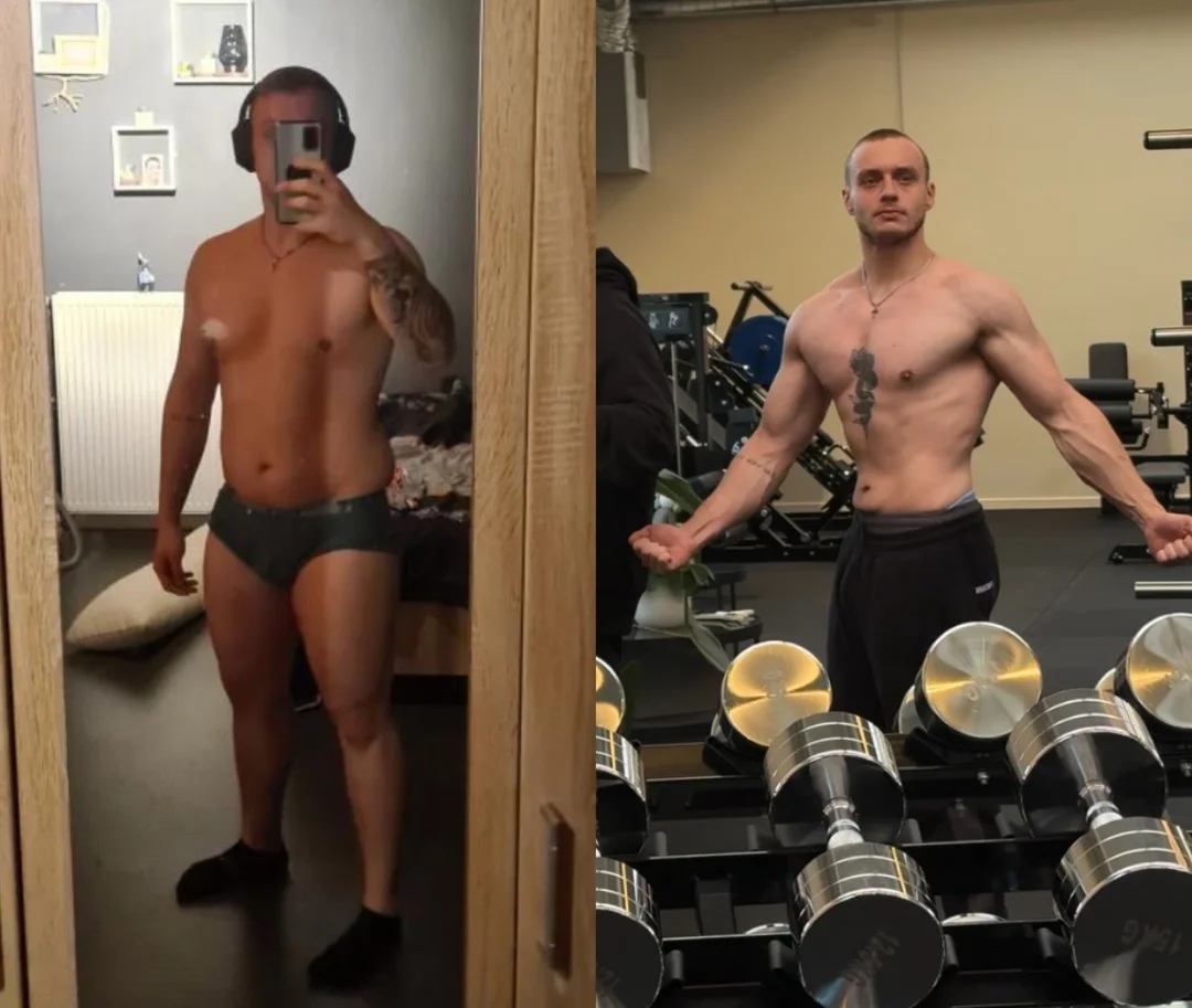 Voor- en nafoto van Stijn: Van 94 naar 83,5 kg