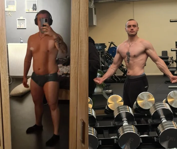 Voor- en nafoto van Stijn: Van 94 naar 83,5 kg